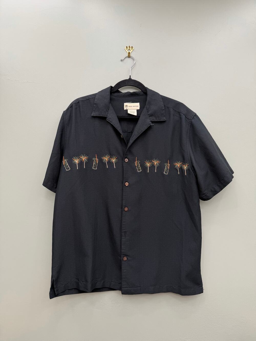 Havana Jack's Cafe Black Embroidered Hawaiian Camp Shirt L Tropical